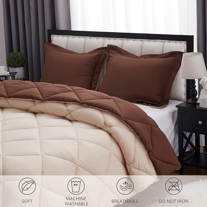 NexHome King Size Comforter Set Brown&Ivory, 3 Pieces Lightweight Reversible Comforter King Size, All Season Fluffy Down Alternative Comforter Bed Set Quilt Blanket(102x90 In Comforter & 2 Pillowsham)