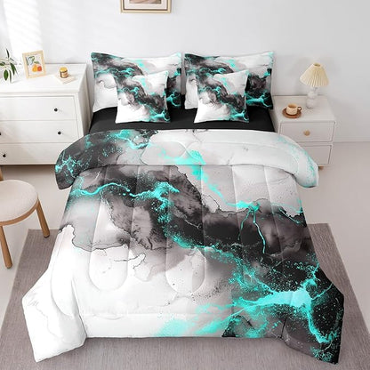 Erosebridal 7pcs Black and Grey Teal Bedding Queen Size Marble Aesthetic Comforter Set, Modern Marbling Bedding Comforter Sets Watercolor Foil Print Bed in a Bag, Stone Pattern Bedding Accessories