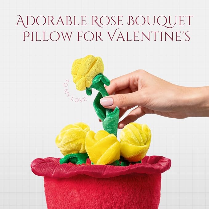 Phantoscope Valentine Pillows, Handcrafted Plush Rose Bouquet Shaped Pillow Valentines Day Decorations Throw Pillow for Home Living Room Sofa Couch, Red, 10.5 X 10 Inches