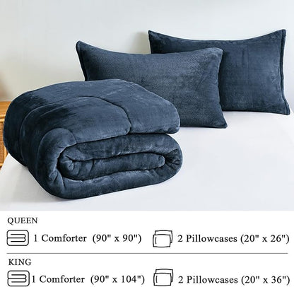 Faux Fur Comforter Set, Ultra Soft Warm Plush Velvet Comforter, Fluffy Fuzzy Fleece Bedding Comforter Sets for Fall Winter, No Shedding, 3PC, King Size, Blue