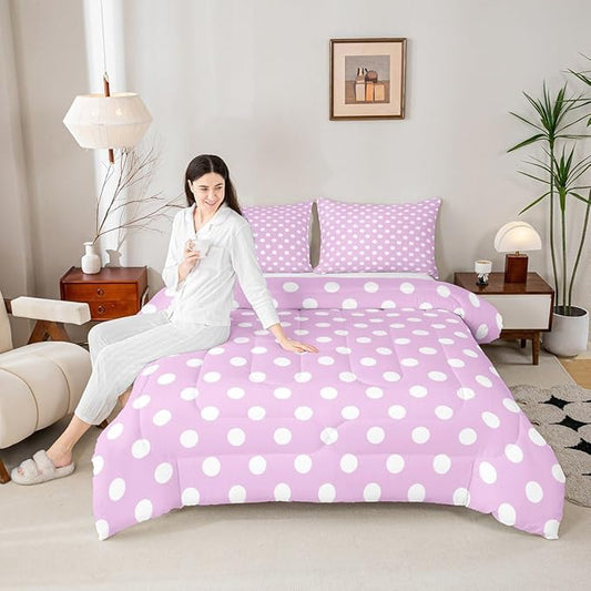 Manfei Polka Dots Comforter Set Queen Size,Cartoon French Style Dots Rose Pink White Bedding Set for Teens Adults,Modern Geometric Circles Abstract Simple Art Comforter,3 Pcs 2 Pillowcases