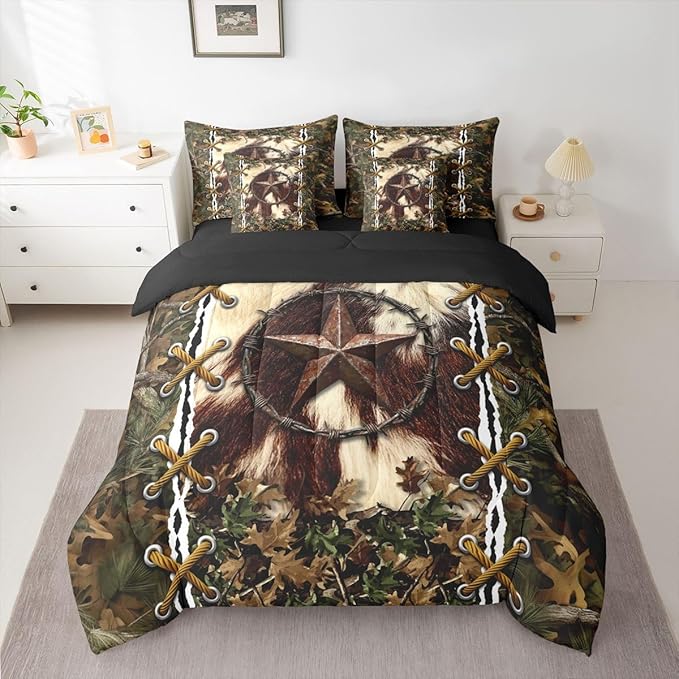 Erosebridal Cabin King Size Comforter Set with Sheets | Western Texas Star Cowhide 7-Piece Bedding Set Mens Camouflage Bed in a Bag, Woodland Animals Bed Sets,Camo Rustic Farmhouse Decor Camo Bed Set