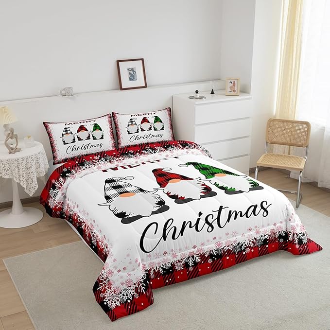 Merry Christmas Comforter Set Full Size,Cartoon Santa Claus Bedding Set 3Pcs for Kids Boys Girls Room Decor,Red Black Checkered Snowflake Quilt Set Geometric Xmas Duvet Insert,2 Pillowcases
