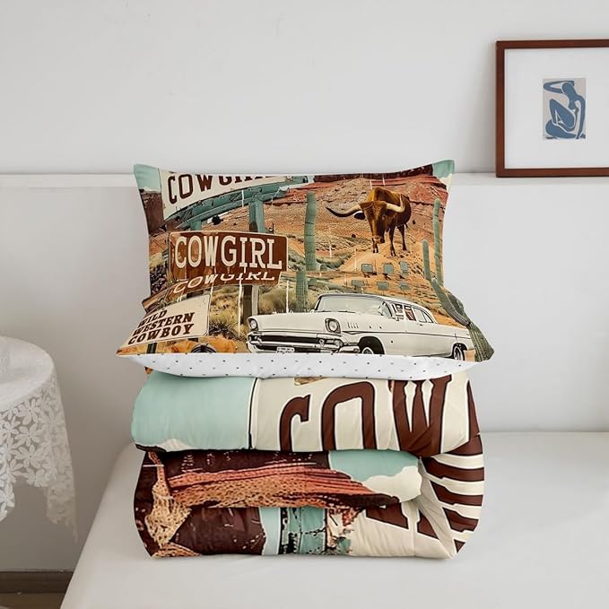 Feelyou Western Aztec Comforter Set Toddler Size Cowboy Cow Duvet Quilt for Kids Teens Adults Wild Western Shoes Rustic Tribal Car Bedding Set Room Decor with 1 Pillow Case All Season Soft 2Pcs