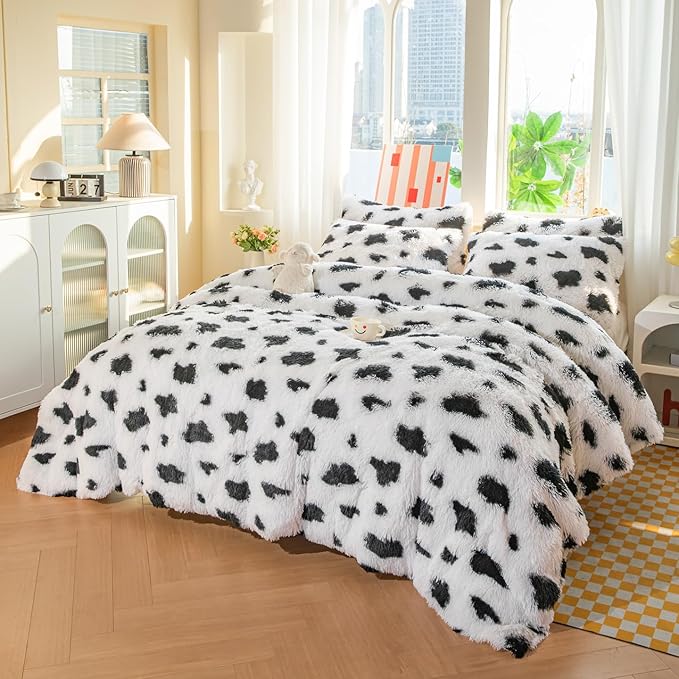 chovy Faux Fur Tie-Dyed Cow Print Black White Comforter Sets Queen - 3PC Bed Set Ultra Soft Plush Flannel Velvet Fluffy Fuzzy Bedding（Comforter x 1 Pillowcases x 2）