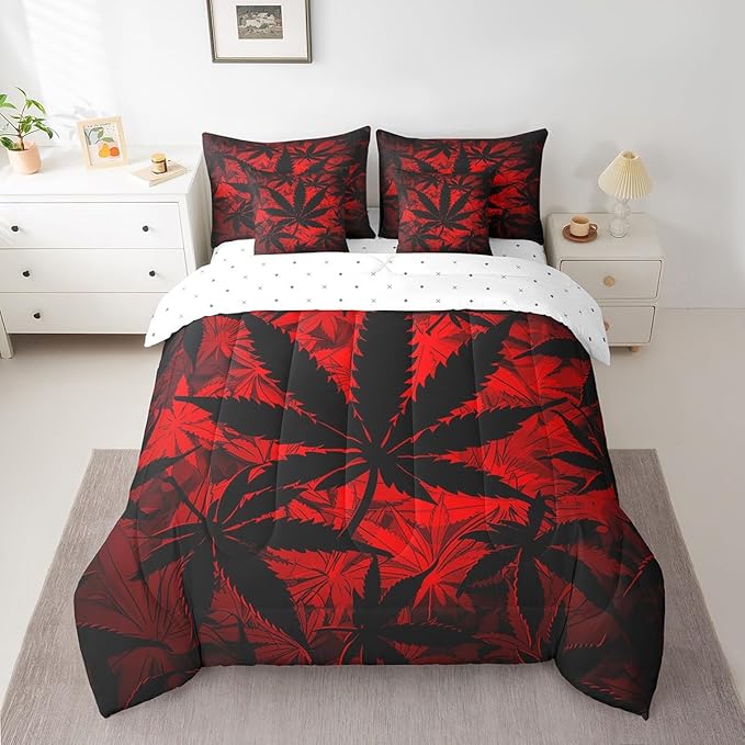Erosebridal 7 Pcs Comforter Set, Full Size, Neon Bed in a Bag with Flat Sheet and Fitted Sheet for Kids and Adults, Leaf Bedding Set with Pillowcases and Cushion Cases