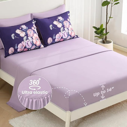 Queen Comforter Set - 7 Pieces Bed in a Bag Dark Purple Floral Queen Comforter Set with Sheets, Soft Microfiber Flower Complete Bedding Set for All Seasons（Dark Purple,90"x90"）