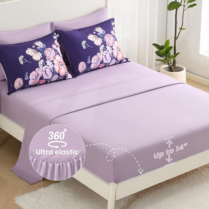 King Size Comforter Set - 7 Pieces Floral Comforter and Sheet Set, Dark Purple King Size Bed in a Bag, Soft Microfiber Flower Complete Bedding Set for All Seasons（Dark Purple,104"x90"）