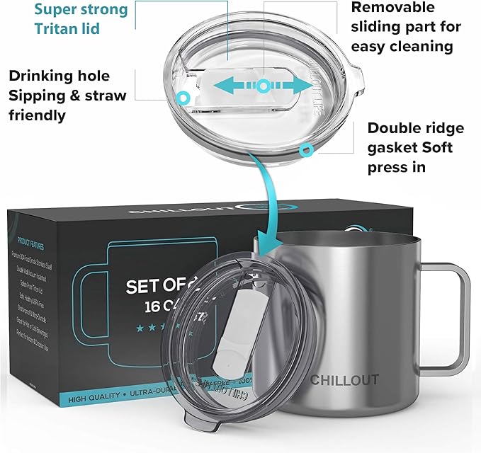 CHILLOUT LIFE Stainless Steel Vacuum Insulated Coffee Mug 16 oz (Set of 2) with Handle and Lid, Large Thermal Camping Coffee Mugs with Sliding Lid for Men & Women, Keeps Your Beverages Hot & Cold