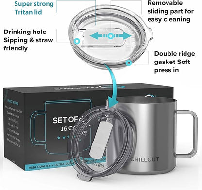 CHILLOUT LIFE Stainless Steel Vacuum Insulated Coffee Mug 16 oz (Set of 2) with Handle and Lid, Large Thermal Camping Coffee Mugs with Sliding Lid for Men & Women, Keeps Your Beverages Hot & Cold