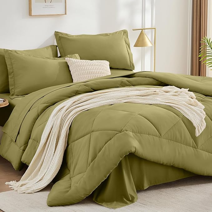 FUANNA 7 Pieces Queen Comforter Set, All Season Bed in a Bag Queen Size, Luxury Soft Bedding Sets with Comforter, Flat Sheet, Fitted Sheet, Pillowcases & Pillow Shams, Olive Green