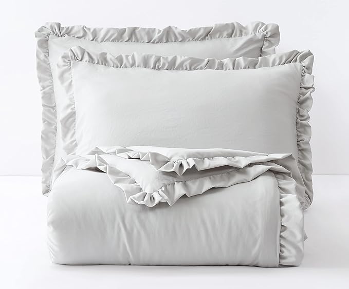 Chezmoi Collection Nora Light Gray Comforter Set Ovesized King 3-Piece Fluffy Soft Stone-Washed Ruffled Shabby Chic Bedding for All Season