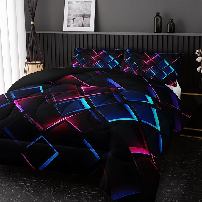 Blue Black Geometric Comforter Set Queen Size 3D Stereoscopic Square Bedding Set Honeycomb Bedding Set 3 Piece Modern Style Geometry Decor,Microfiber LightweightWith 2 Pillowcases
