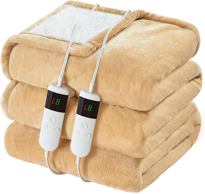 Electric Heated Blanket King Size 90''x100'' Soft Flannel & Sherpa Electric Blanket with 10 Heating Levels, Automatically Shut Down After 8h with Overheat Protection Machine Washable