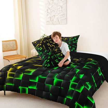 Erosebridal Geometric Checkered Comforter Set King Neon Yellow Green Bedding Set for Kids Boys Teen Gamer Room Decor,Abstract Ombre Plaid Comforter Grids Quilt Duvet Black