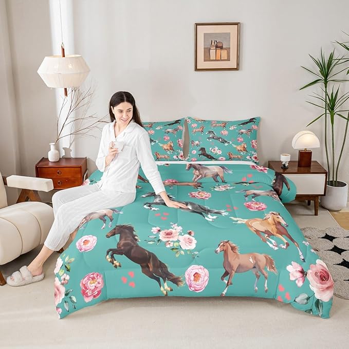 Horse Comforter Set King for Cowboy Cowgirl,Southwest Rose Petal Bedding Set for Youth Adult,Rustic Horse Quilt Set for Bedroom Decor,Vintage Farmhouse Wildlife Down Comforter with 2 Pillowcases