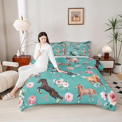 Horse Comforter Set King for Cowboy Cowgirl,Southwest Rose Petal Bedding Set for Youth Adult,Rustic Horse Quilt Set for Bedroom Decor,Vintage Farmhouse Wildlife Down Comforter with 2 Pillowcases