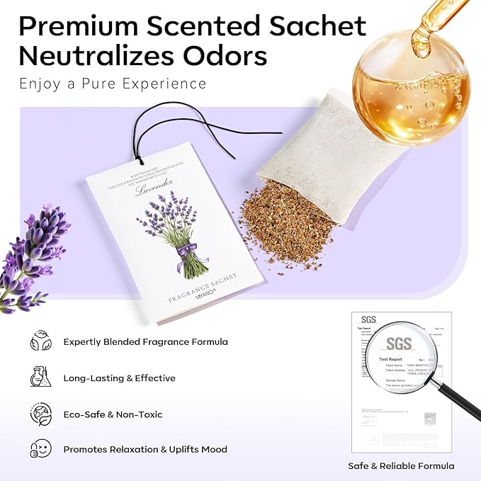 MYARO 12 Pack Lavender Scented Sachets | Odor Eliminator & Air Freshener for Drawer, Closet, Car, Shoes, Gym Bag, Suitcase | Home Fragrance Gift Set