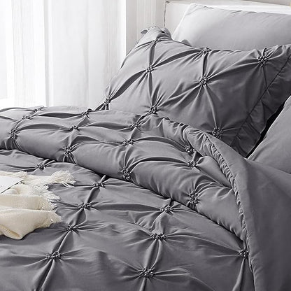 JOLLYVOGUE King Size Comforter Set 7 Pieces, Pintuck Dark Grey Bed in a Bag Comforter Set for Bedroom, Beddding Sets with Comforter, Sheets,Ruffled Shams & Pillowcases