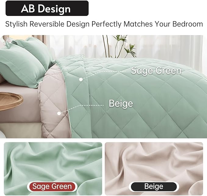 MUXHOMO 7 Pieces King Comforter Set, Reversible Bed in a Bag King Size, All Season Bedding Set with Comforter, Flat Sheet, Fitted Sheet, Pillowcases & Shams, Sage Green & Beige