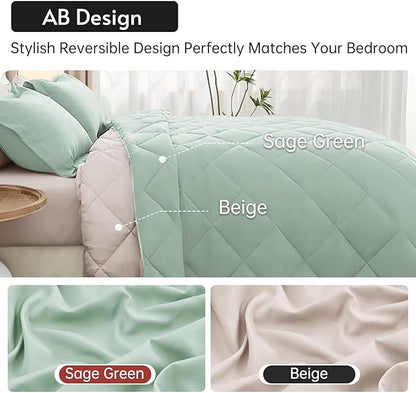 MUXHOMO 7 Pieces King Comforter Set, Reversible Bed in a Bag King Size, All Season Bedding Set with Comforter, Flat Sheet, Fitted Sheet, Pillowcases & Shams, Sage Green & Beige