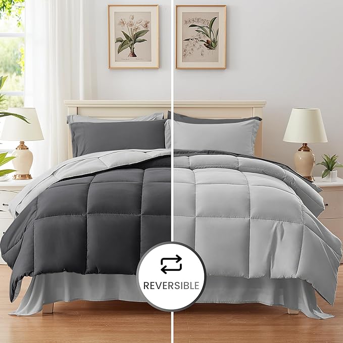 Anluoer Full Size Bed in a Bag 7 Pieces, Grey Bed Comforter Set with Sheets, All Season Bedding Sets with 1 Comforter, 2 Pillow Shams, 2 Pillowcases, 1 Flat Sheet, 1 Fitted Sheet