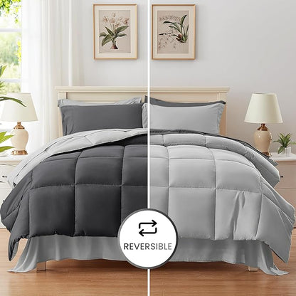 Anluoer Twin Size Bed in a Bag 5 Pieces, Grey Bed Comforter Set with Sheets, All Season Bedding Sets with 1 Comforter, 1 Pillow Sham, 1 Pillowcase, 1 Flat Sheet, 1 Fitted Sheet