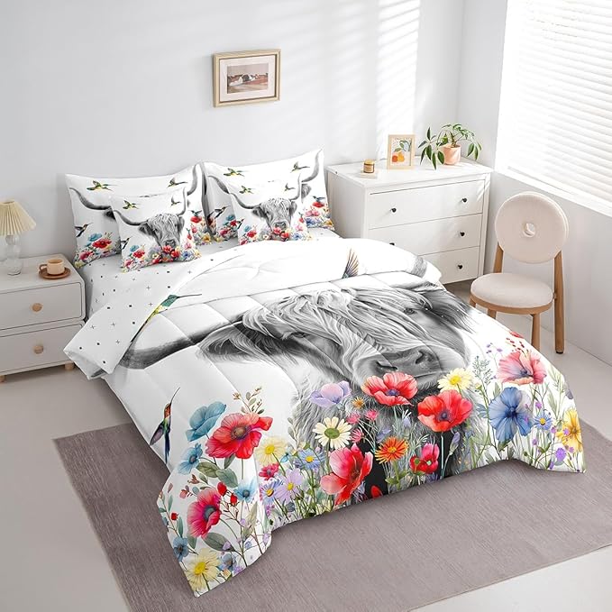Erosebridal Highland Cow 7 Pcs Comforter Set King,Red Poppy Floral Bed in a Bag with Flat Sheet and Fitted Sheet,Hummingbird Western Funny Animals Cattle Farmhouse Bedding Set with Pillowcase & Sham