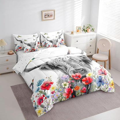 Erosebridal Highland Cow 7 Pcs Comforter Set King,Red Poppy Floral Bed in a Bag with Flat Sheet and Fitted Sheet,Hummingbird Western Funny Animals Cattle Farmhouse Bedding Set with Pillowcase & Sham