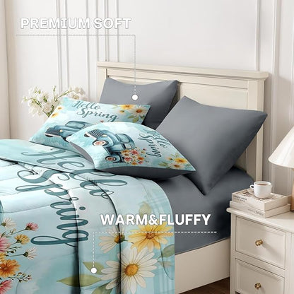 Nesker 5 Pcs Spring Comforter Set Twin Size, Truck Flowers Farmhouse Bedding Set for Kids and Adults, Blue Daisy Bed Sheet Sets with Fitted Sheet Pillowcase & Sham