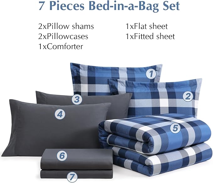 MaiRêve Queen Size Plaid Comforter Set Indigo Blue, Classic Checkered 7 Pieces Farmhouse Bedding Set, All Season Lightweight Bed in A Bag with Sheets, Pillowcases & Shams