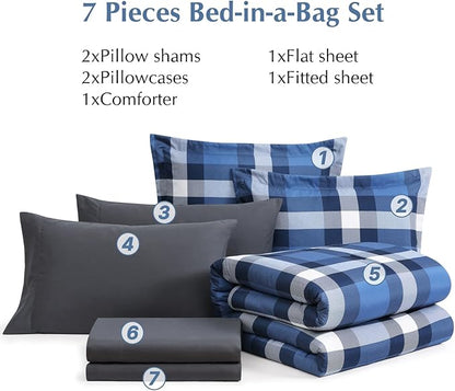 MaiRêve Queen Size Plaid Comforter Set Indigo Blue, Classic Checkered 7 Pieces Farmhouse Bedding Set, All Season Lightweight Bed in A Bag with Sheets, Pillowcases & Shams