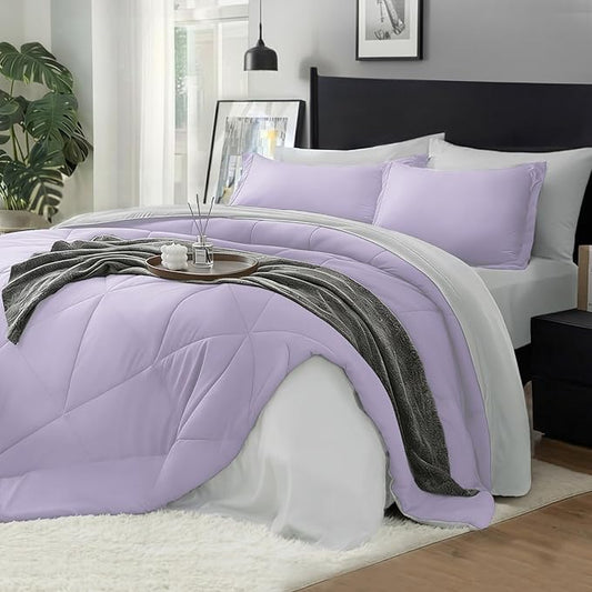 BEDELITE Twin XL Comforter Set 5 Pieces Bed in A Bag - Soft Microfiber Reversible Twin Extra Long Lavender Bed Set with Comforters, Sheets, Pillowcase & Sham, Cozy Bedding Sets for College Dorm Room