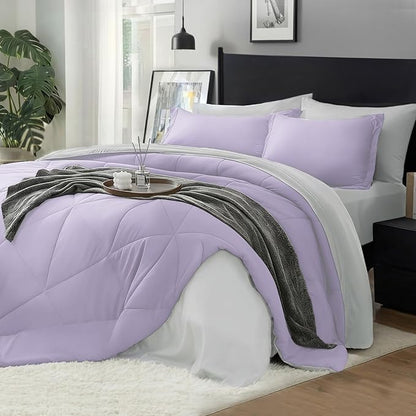 BEDELITE Twin Comforter Set 5 Pieces Bed in A Bag - Soft Microfiber Reversible Lavender Bed Set with Comforters, Sheets, Pillowcase & Sham, Cozy Luxury Bedding Sets for All Season