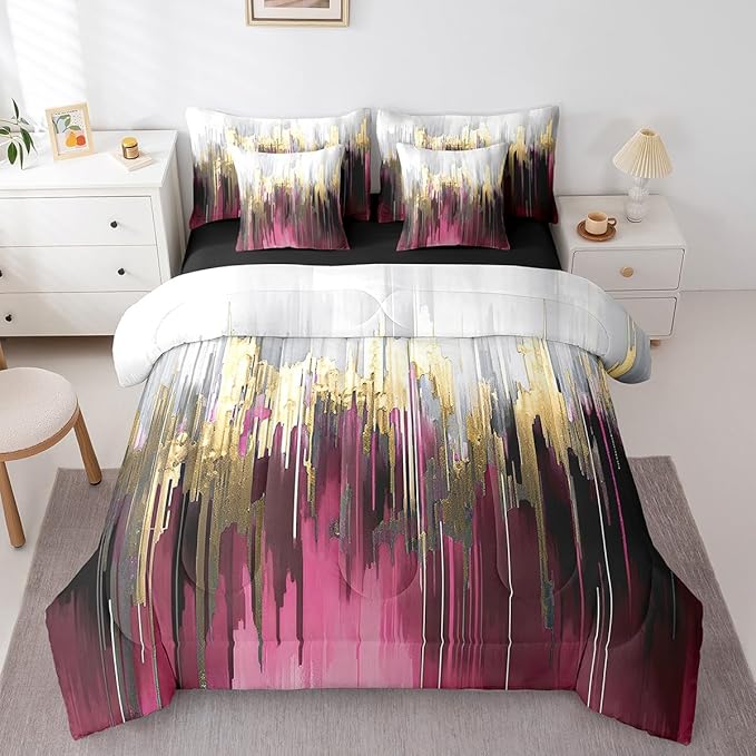 Hot Pink Purple Bedding Comforter Sets 7pcs Abstract Watercolor Bed in a Bag, Gradient Stripe King Bedding Sets Chic Vintage Aesthetic Comforter Set, Graffiti Oil Painting Modern Bedding Sets