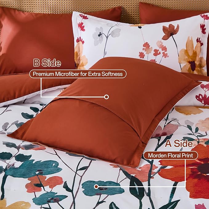 Anibedding 8Pieces King Size Comforter Set, Orange Watercolor Floral Queen Size Bed in a Bag Comforter Set with Pillowcase, Sheets for All Season