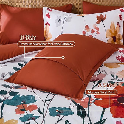Anibedding 8Pieces Queen Comforter Set, Orange Watercolor Floral Queen Size Bed in a Bag Comforter Set with Pillowcase, Sheets for All Season