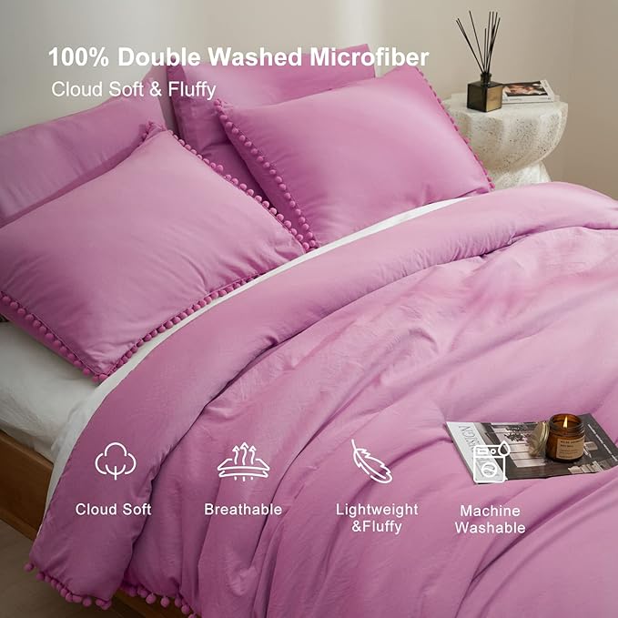 MUKKA Queen Comforter Set 5- Piece Comforter Queen Size Hot Pink, Boho Pom Pom Fringe Comforter Sets Queen Size, Bedding Comforter Sets with 2 Pillowcases 2 Pillowshams