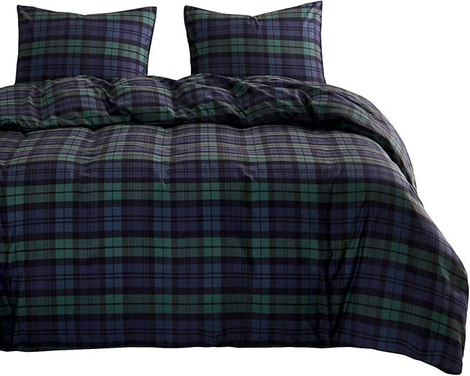 Wake In Cloud - Plaid Comforter Set, Scottish Tartan Check Geometric Modern Pattern Printed, Soft Lightweight Bedding, 3 Pieces, Dark Green, Queen Size