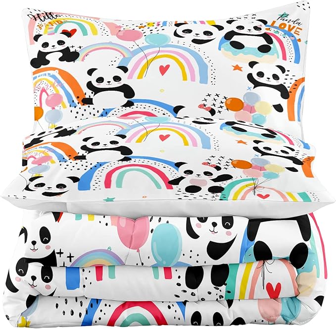 Tailor Shop Girls Cute Panda Bedding Set Queen Size, Rainbow Cartoon Bear Printed Colorful Comforter Set for Kids Toddler with 2 Matching Pillowcases……