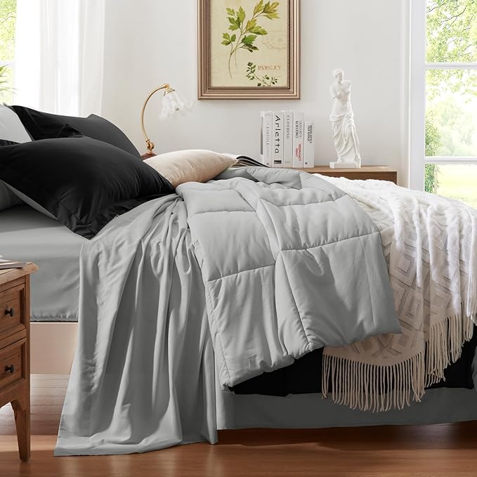 Anluoer California King Size Bed in a Bag 7 Pieces,Black and Grey Cal King Comforter Set with Sheets,All Season Bedding Sets with Comforter,Pillow Shams,Pillowcases,Flat Sheet,Fitted Sheet