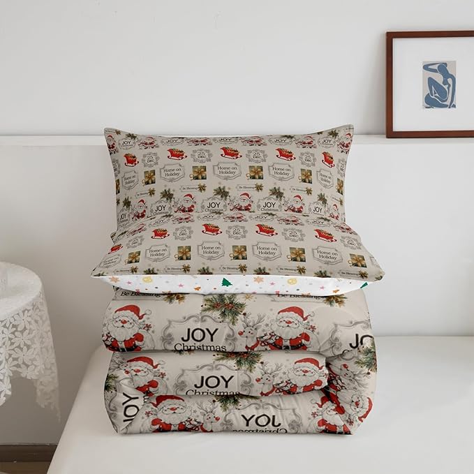 Merry Christmas Bedding Set Queen Size,Cartoon Santa Clause Sleigh Print Comforter Set,Vintage Xmas Quilt Set for Kids Boys Girls Adult Room Decor,Khaki and Colorful Reversible Duvet Insert 3Pcs