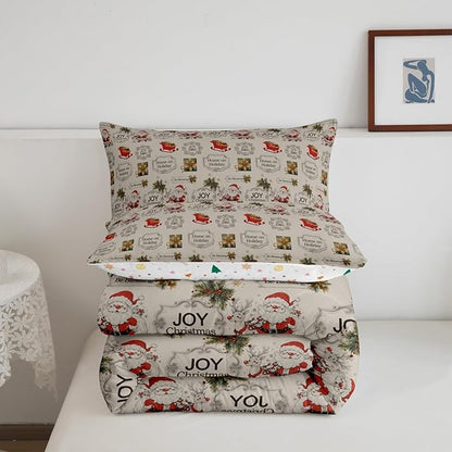Merry Christmas Bedding Set Queen Size,Cartoon Santa Clause Sleigh Print Comforter Set,Vintage Xmas Quilt Set for Kids Boys Girls Adult Room Decor,Khaki and Colorful Reversible Duvet Insert 3Pcs