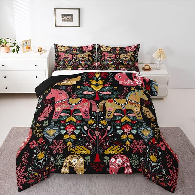 Swedish Dala Horses Comforter Set Full Size,Farmhouse Floral Bedding Sets 3Pcs for Kids Girls Boys Women Room Decor,Flower Squirrel Bird Duvet Insert Rustic Bohemian Down Comforter,2 Pillowcases