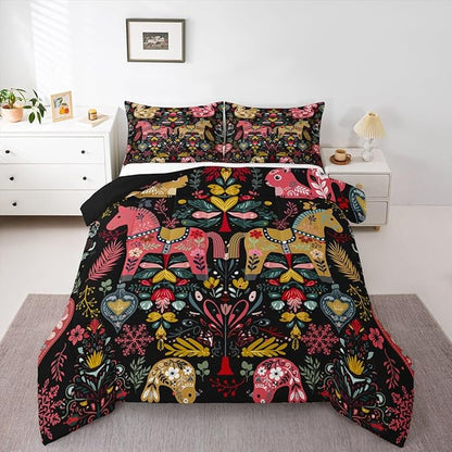 Swedish Dala Horses Comforter Set Twin Size,Farmhouse Floral Bedding Sets 2Pcs for Kids Girls Boys Women Room Decor,Flower Squirrel Bird Quilted Duvet Rustic Bohemian Down Comforter,1 Pillowcase