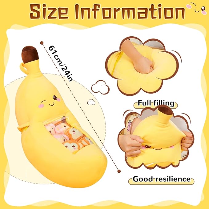 Lewtemi Cute Banana Pillow Kawaii Stuffed Animal Removable Emotional Plush Support Cat Dinosaur Gift for Home Room Positive Decor(Banana)