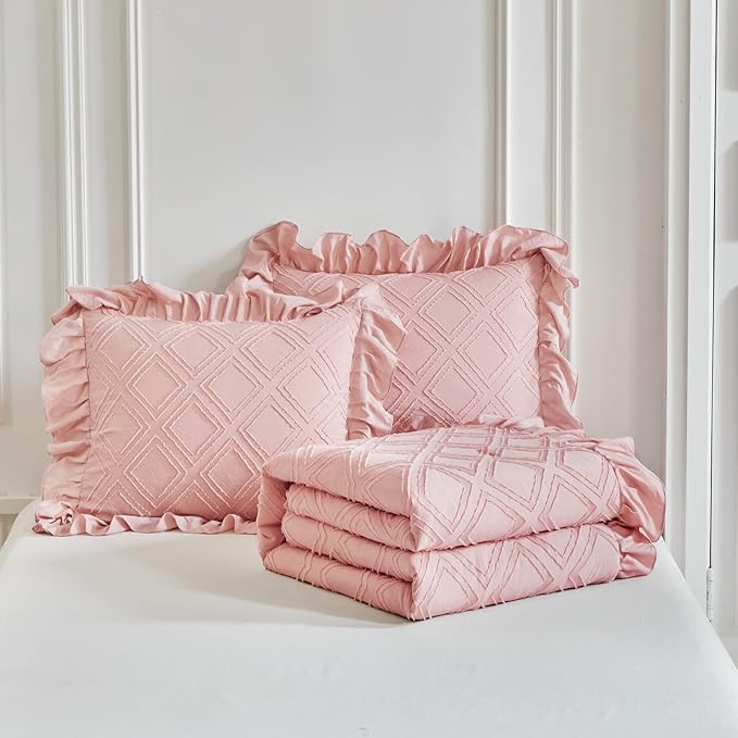 Tufted Grids Ruffle Comforter Set Full/Queen Size, 3 Pieces Blush Pink Vintage Farmhouse Shabby Chic Comforters, Jacquard Boho Bohemian Bedding Set for All Season (1 Ruffled Comforter+ 2 Pillow Shams)