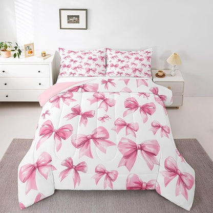 Feelyou Pink Bow Kids Comforter Set King Size Cute Bowknot Bedding Set Princess Decor Duvet Quilt for Kids Boys Girls Bedroom Kawaii Decor Microfiber Ultra Soft Breathable
