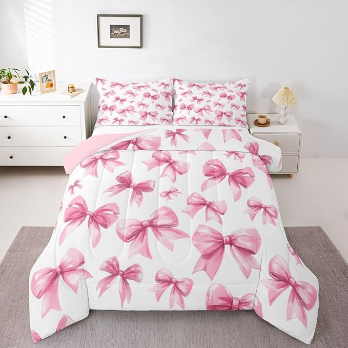 Feelyou Pink Bow Kids Comforter Set Toddler Size Cute Bowknot Bedding Set Princess Decor Duvet Quilt for Kids Boys Girls Bedroom Kawaii Decor Microfiber Ultra Soft Breathable