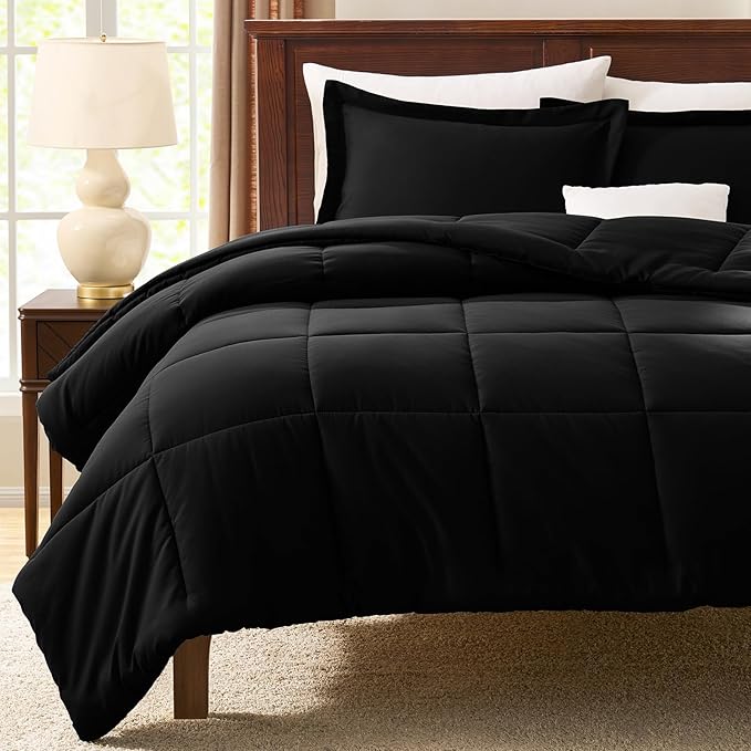 CozyLux King Size Comforter Set - Black Comforter King, 3 Pieces Box Stitched Bed Set for All Seasons, Soft Lightweight Bedding Sets with 1 Down Alternative Comforter and 2 Pillow Shams